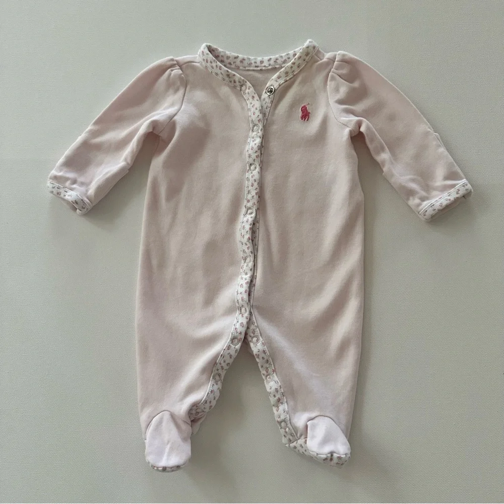 Ralph Lauren Newborn Baby Girl Light Pink Footie Floral Trim One Piece
